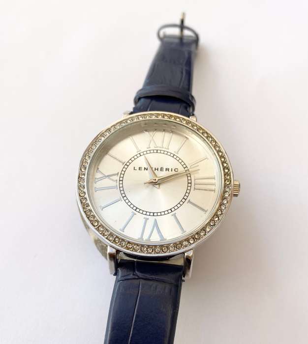 Watch - Lentheric With Big Round Face. Small White Stones Surrounding. Blue Strap #ML1539