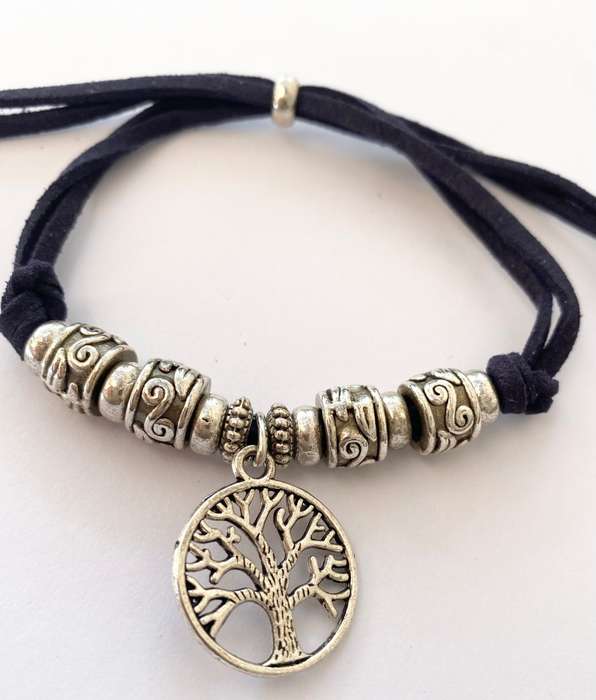 Bracelet - Tree of Life Pendant, Silver Colour, on Black Cord (adjustable) #ML1565