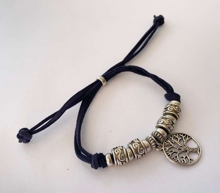 Bracelet - Tree of Life Pendant, Silver Colour, on Black Cord (adjustable) #ML1565