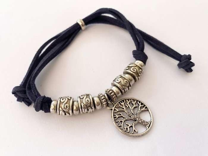 Bracelet - Tree of Life Pendant, Silver Colour, on Black Cord (adjustable) #ML1565