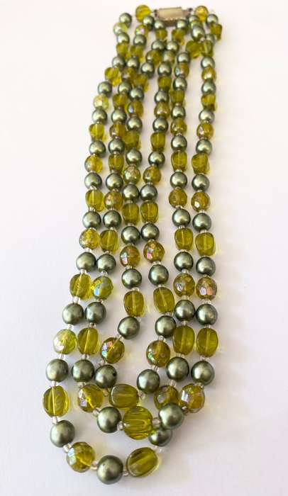 Necklace - Vintage 3 Strands Green Colour Beads With Clasp #ML1572