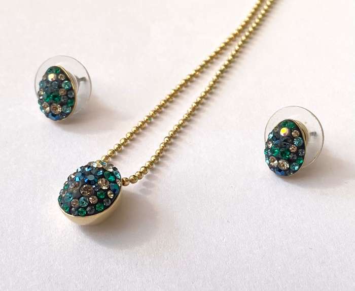 Set - Swarovski Necklace and Earrings. Pear Shaped Studs and Pendant on Chain. Coloured Crystals ...