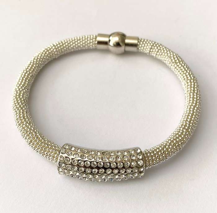 Bracelet - Tube Bangle With Outer Smaller Cube With Swarovski Crystals. Magnetic Clasp. Silver Co...