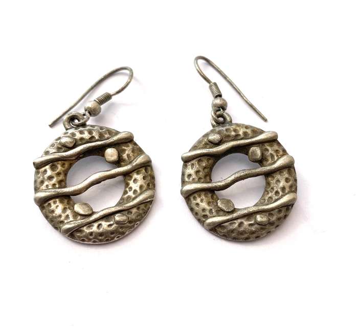 Earrings - Drops with Cut Out Circles and Horizontal Strips. Silver Colour #ML1626