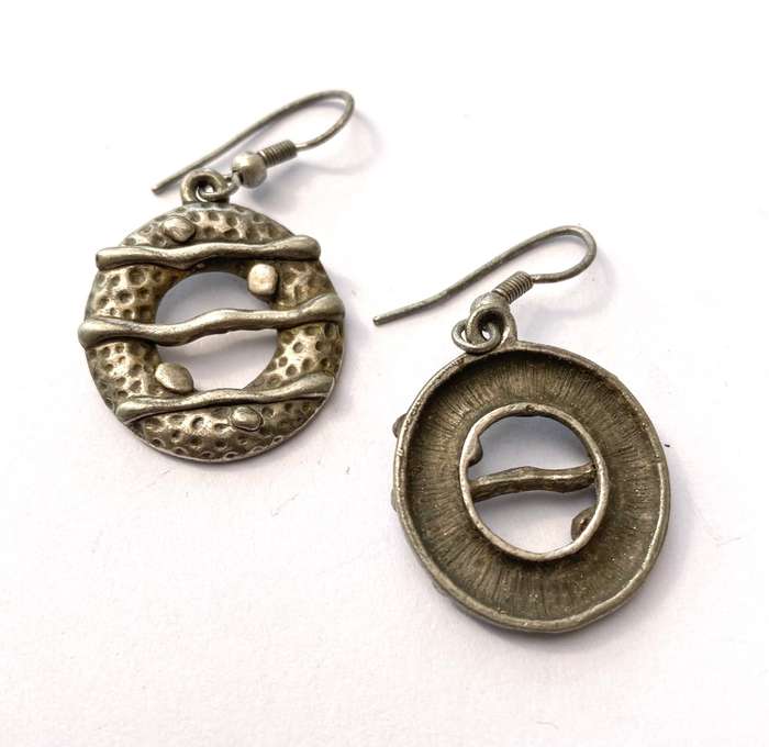 Earrings - Drops with Cut Out Circles and Horizontal Strips. Silver Colour #ML1626