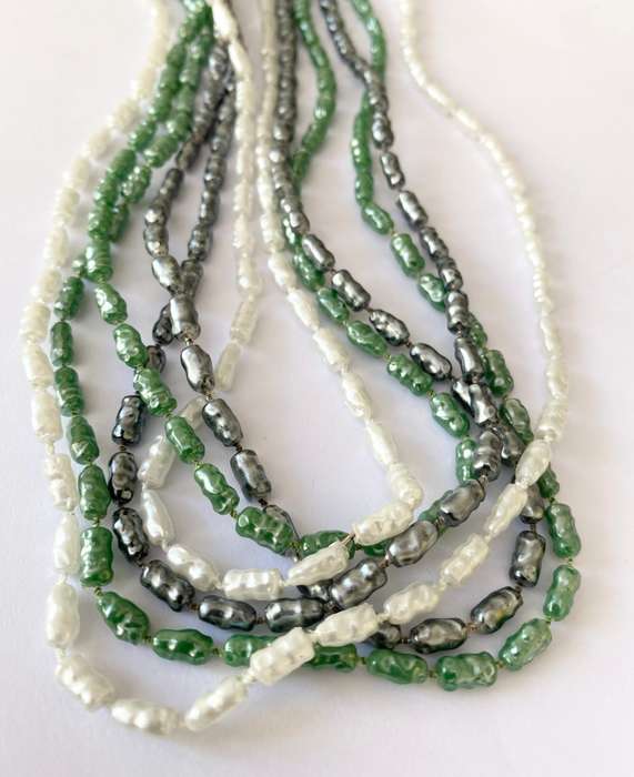 Necklace - 3 x Strands of Pearly Beads. Green, Grey, White #ML1666