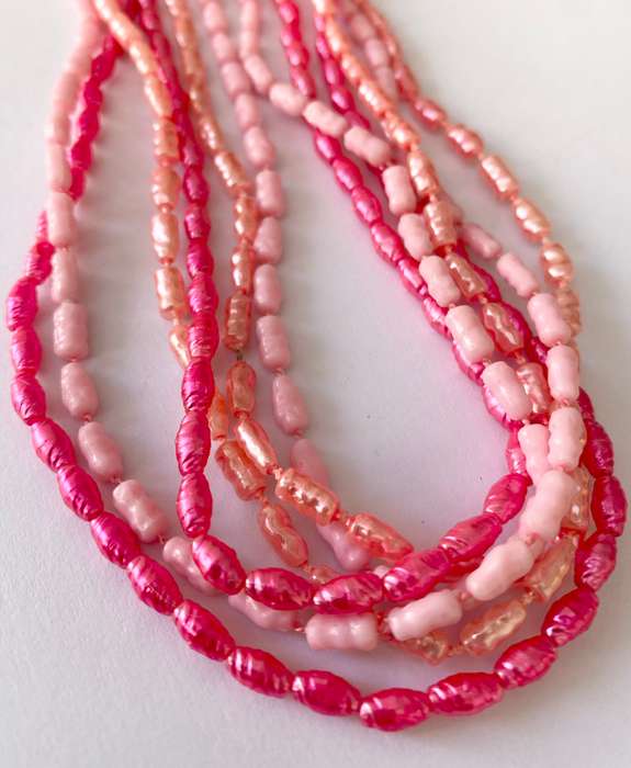 Necklace - 3 x Strands of Pearly Beads. 3 Shades Of Pink #ML1667