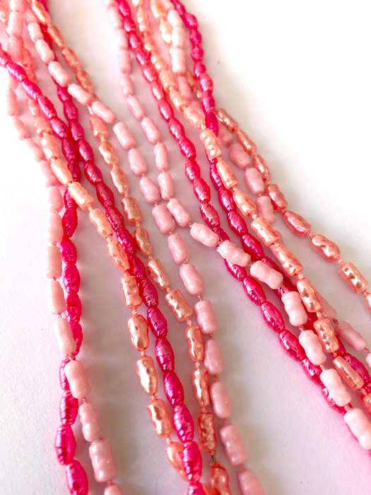 Necklace - 3 x Strands of Pearly Beads. 3 Shades Of Pink #ML1667