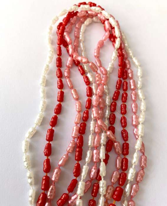 Necklace - 3 x Strands of Pearly Beads. Pink, Red, White #ML1668