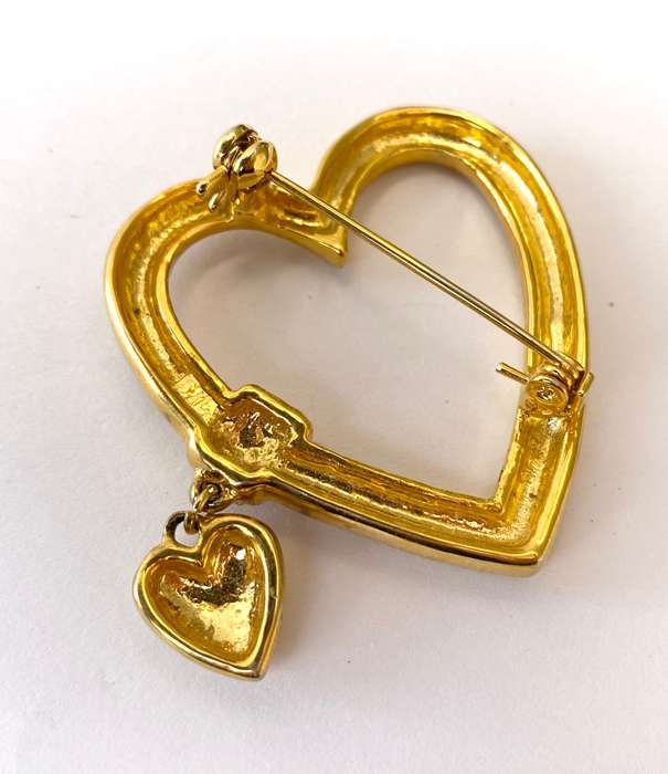 Brooch - Cut-out Heart Shape With Diamante Bar on Side and Hanging Heart. Gold Colour #ML1681