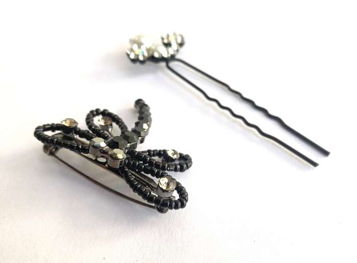 Set - Black Beaded Dragonfly Brooch With Clear Stones and Hair Pin With Flower Diamante and Pearl...