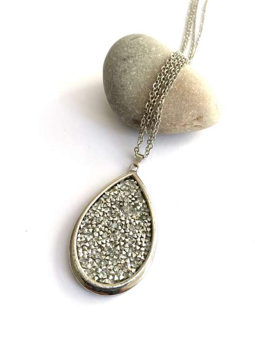 Pendant - Long Double Chain With Large Teardrop Sparkly Pendant. Silver Colour #ML1701