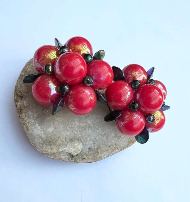 Earrings - Red Retro Clip on Earrings. Shaped like a Bunch of Grapes with Black Beads as Leaves M...