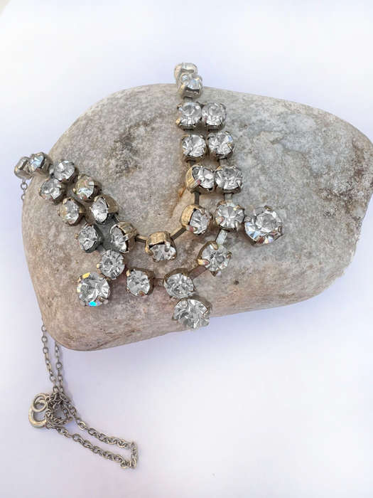 Necklace - Silver Colour Chain Layered With 2 Rows of Diamantes. 3 Large stones Hanging Off Secon...