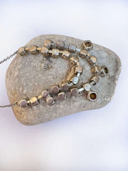 Necklace - Silver Colour Chain Layered With 2 Rows of Diamantes. 3 Large stones Hanging Off Secon...