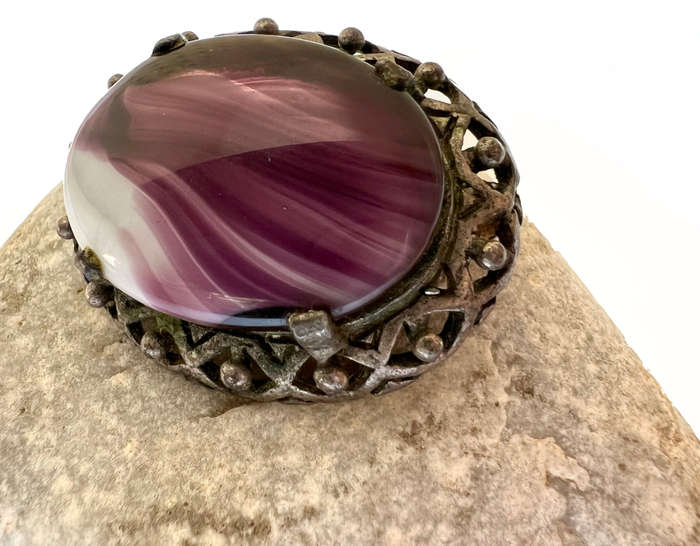 Brooch - Vintage Miracle brand. Celtic Faux Purple Agate Oval. Dark Silver Colour Frame ML1759