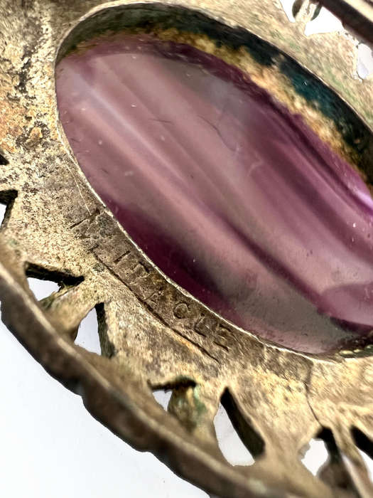 Brooch - Vintage Miracle brand. Celtic Faux Purple Agate Oval. Dark Silver Colour Frame ML1759