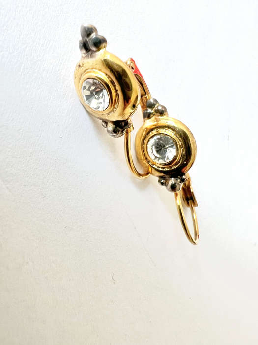 Earrings - For Pierced Ears. Drop earrings with Gold Circle with White Stone in Centre ML1813