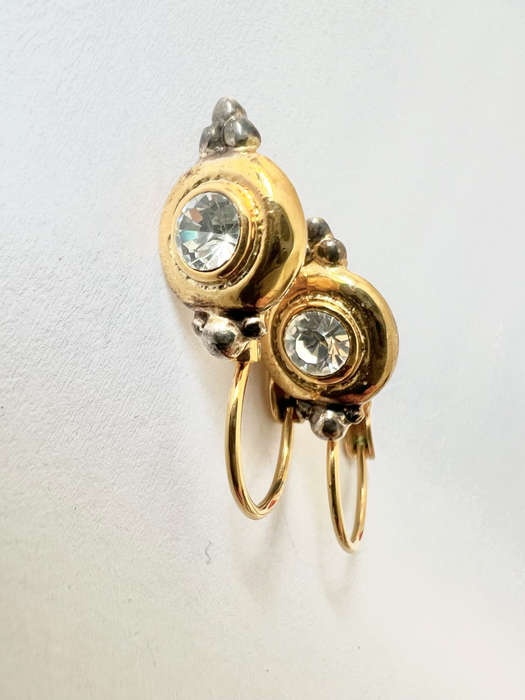 Earrings - For Pierced Ears. Drop earrings with Gold Circle with White Stone in Centre ML1813