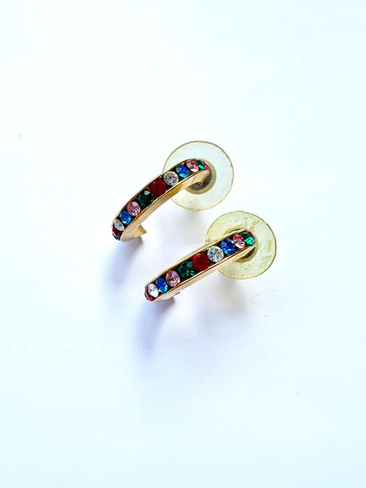 Earrings - Huggies For Pierced Ears. Coloured Rhinestones. Gold Tone ML1853