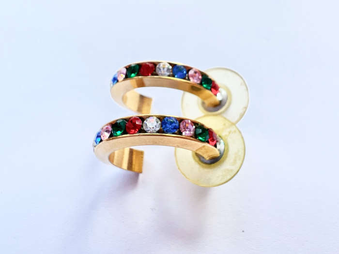 Earrings - Huggies For Pierced Ears. Coloured Rhinestones. Gold Tone ML1853