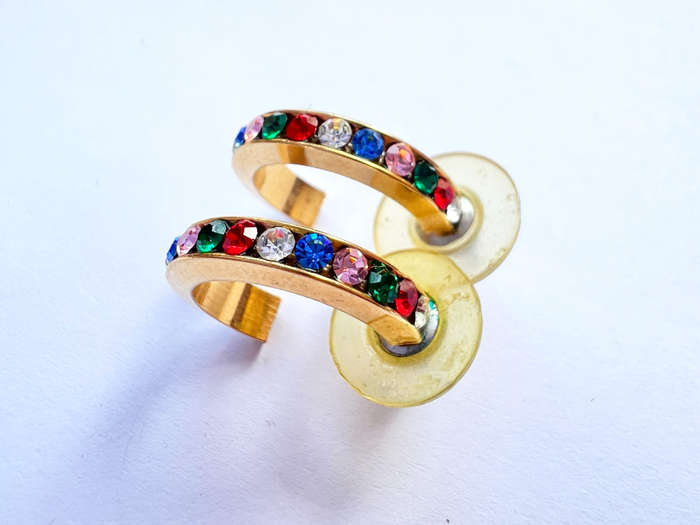 Earrings - Huggies For Pierced Ears. Coloured Rhinestones. Gold Tone ML1853