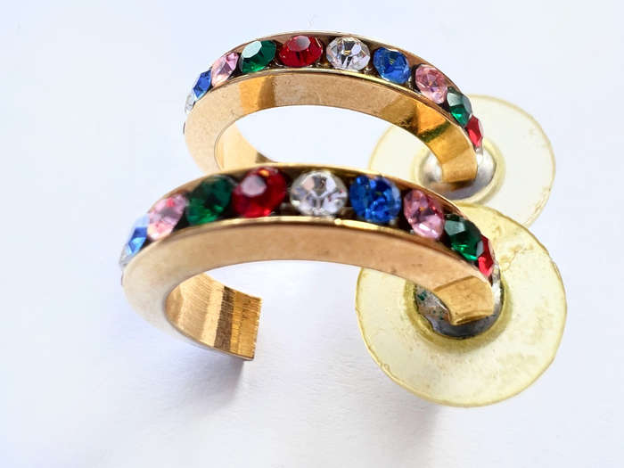 Earrings - Huggies For Pierced Ears. Coloured Rhinestones. Gold Tone ML1853