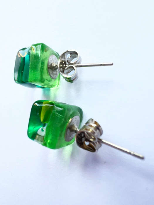 Earrings - Transparent Green Tone Cube Shaped Studs ML1859
