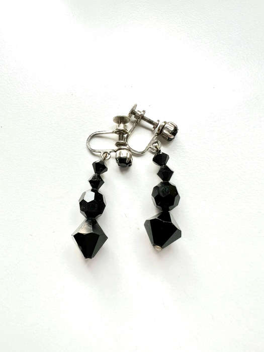 Earrings - Jet Black Glass Dangly Design. Screw Ons ML1860