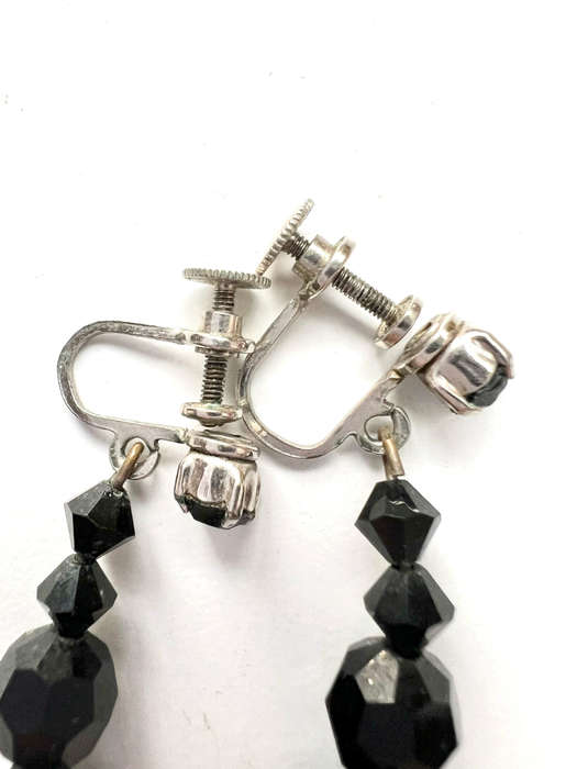 Earrings - Jet Black Glass Dangly Design. Screw Ons ML1860