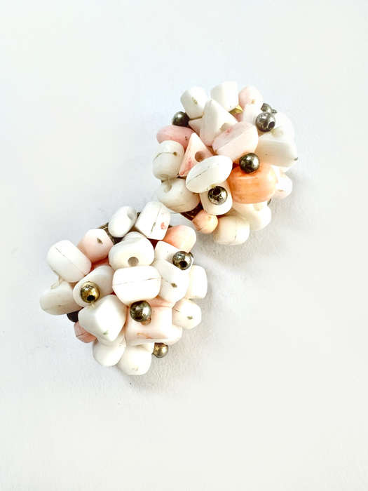 Earrings - Vintage Clip Ons. Coral/ White Colour. Chips in a Cluster ML1885