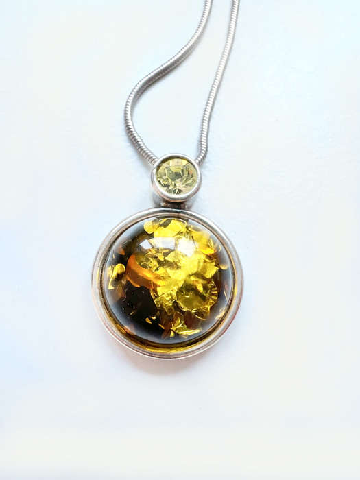 Necklace - 925 Silver Round Amber Stone. Diamante above Stone. Silver Chain ML1915