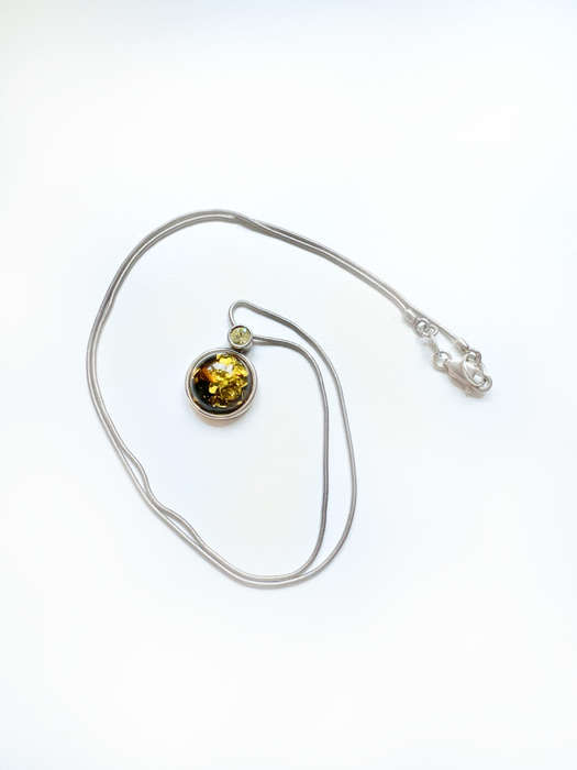 Necklace - 925 Silver Round Amber Stone. Diamante above Stone. Silver Chain ML1915