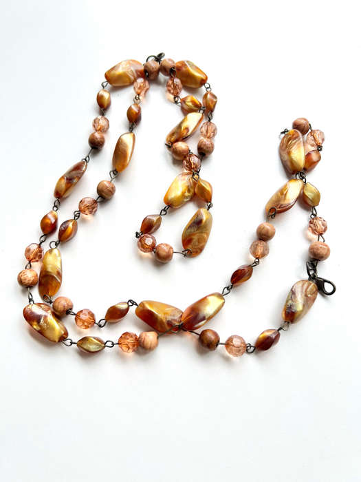 Necklace - Vintage Double Strand Design. Copper & Amber Coloured Irregular Size Beads ML1954