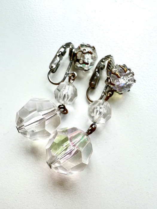 Earrings - Vintage Silver Tone Clip Ons. Dangle Style Iridescent Balls ML1956