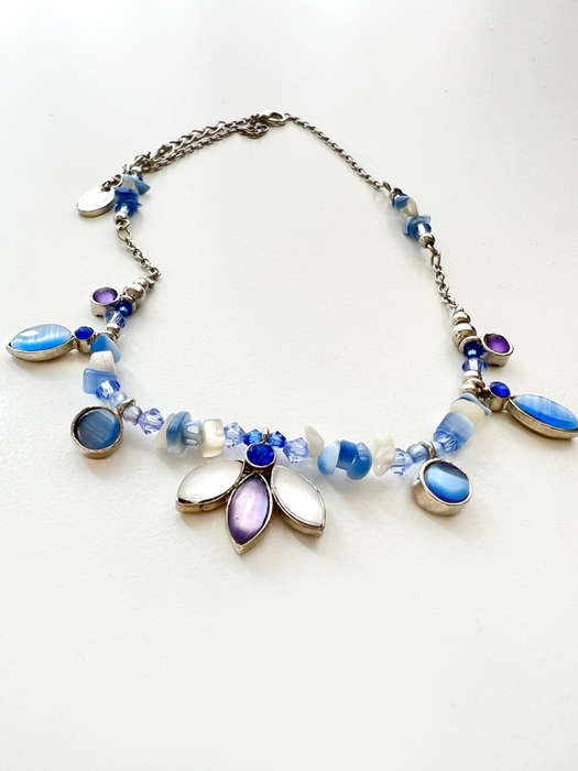 Necklace - Vintage Blue/Purple Silver Tone with half Flower in centre, different size Glass Beads...