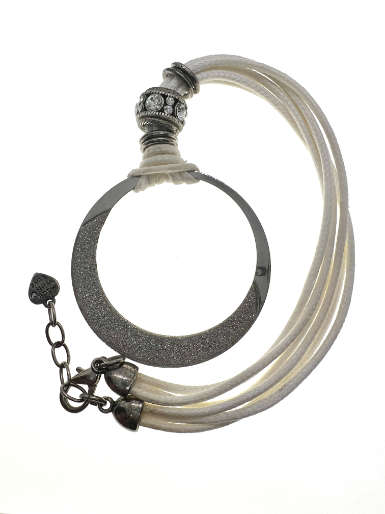 Necklace - Vintage Silver Tone Full Moon Shaped Pendant with White Rope Strands - ML2203