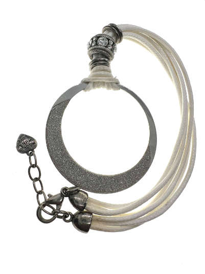 Necklace - Vintage Silver Tone Full Moon Shaped Pendant with White Rope Strands - ML2203