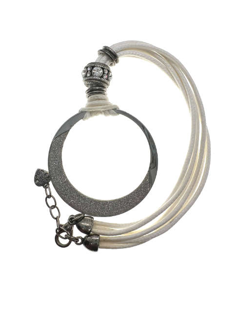 Necklace - Vintage Silver Tone Full Moon Shaped Pendant with White Rope Strands - ML2203