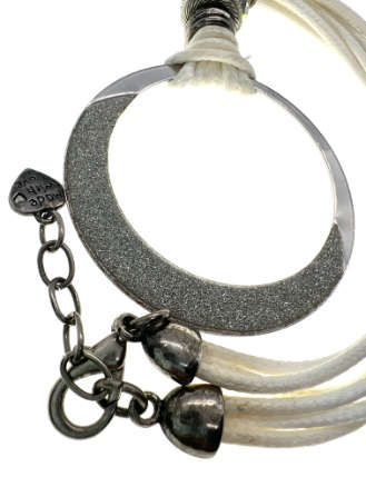 Necklace - Vintage Silver Tone Full Moon Shaped Pendant with White Rope Strands - ML2203