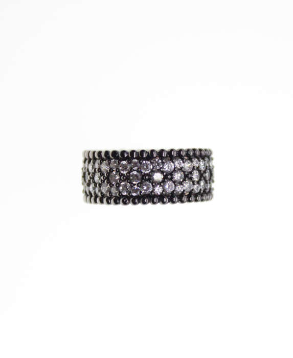 Ring - Vintage Dark Metal Tone Ring with Filigree Border and 3 Rows of Diamante Stones - ML2301