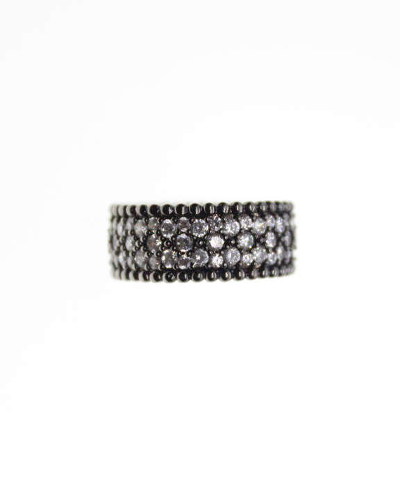 Ring - Vintage Dark Metal Tone Ring with Filigree Border and 3 Rows of Diamante Stones - ML2301