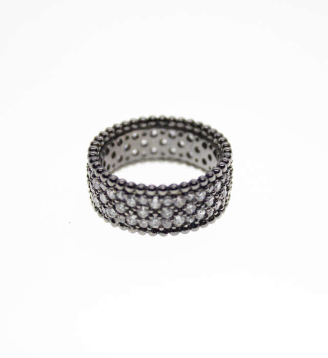 Ring - Vintage Dark Metal Tone Ring with Filigree Border and 3 Rows of Diamante Stones - ML2301
