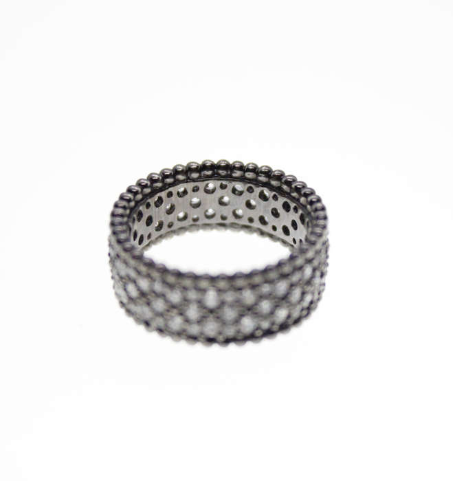 Ring - Vintage Dark Metal Tone Ring with Filigree Border and 3 Rows of Diamante Stones - ML2301