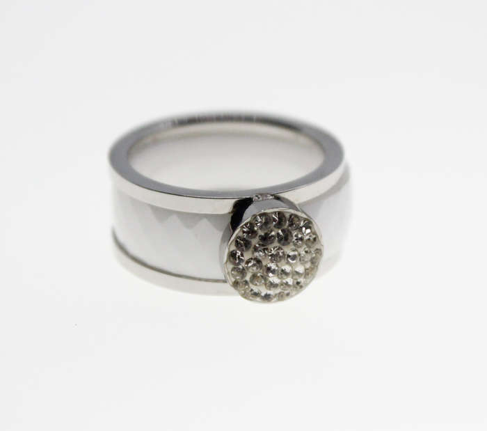 Ring - Cabachon Style White Ring, Stamped Ceramics S.Stad Band - ML2311