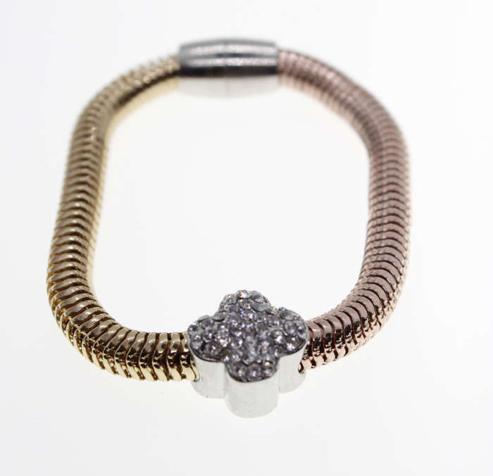 Bracelet - Two Tone (Bronze/Gold) Bracelet with Diamantes 4 Leaf Clover. Magnetic Clasp - ML2316