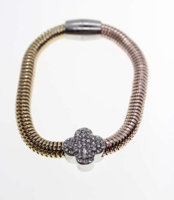Bracelet - Two Tone (Bronze/Gold) Bracelet with Diamantes 4 Leaf Clover. Magnetic Clasp - ML2316