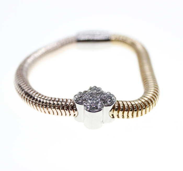 Bracelet - Fashion Snake Style Gold and Bronze Tone with 4 Leaf Clover and Diamantes - ML2322
