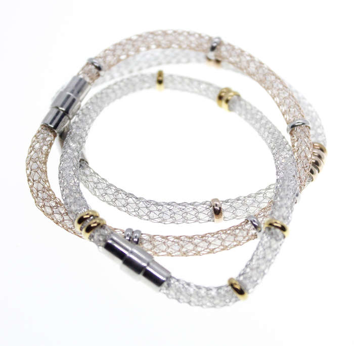 Bracelets - 2 Silver Tone, 1 Gold Tone Mesh Bracelets with Small Rings - ML2324