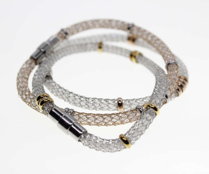 Bracelets - 2 Silver Tone, 1 Gold Tone Mesh Bracelets with Small Rings - ML2324